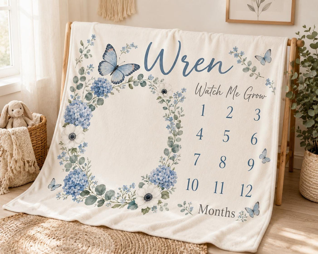 Personalized Blue Floral Milestone Blanket, Custom Baby Girl Milestone Blanket, Butterfly Monthly Blanket, Baby Photo Blanket