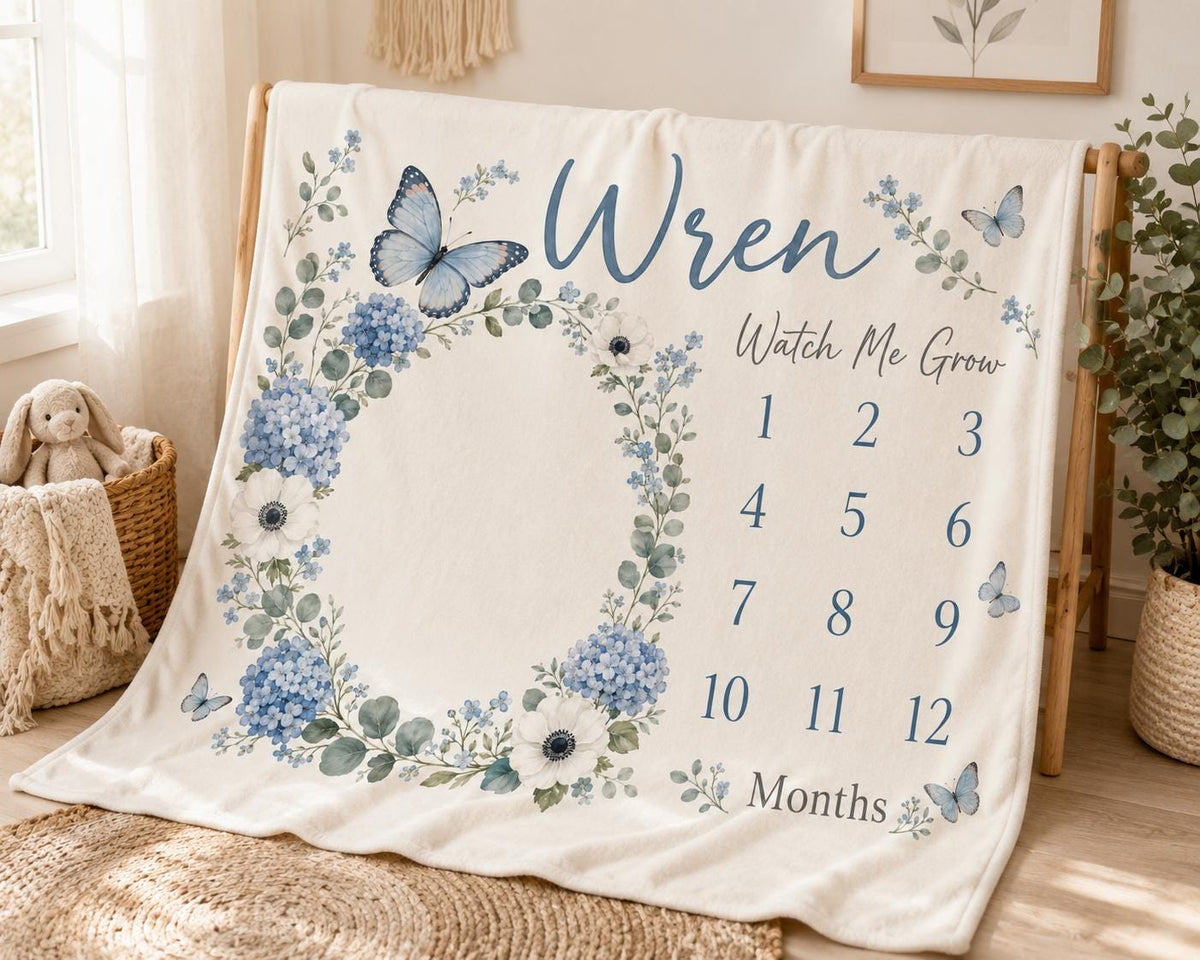 Personalized Blue Floral Milestone Blanket, Custom Baby Girl Milestone Blanket, Butterfly Monthly Blanket, Baby Photo Blanket
