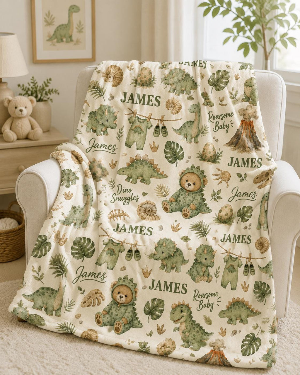 Personalized Dinosaur Baby Blanket, Roarsome Baby Blanket, Custom Baby Boy Name Blanket, Dinosaur Nursery Blanket, Teddy Bear