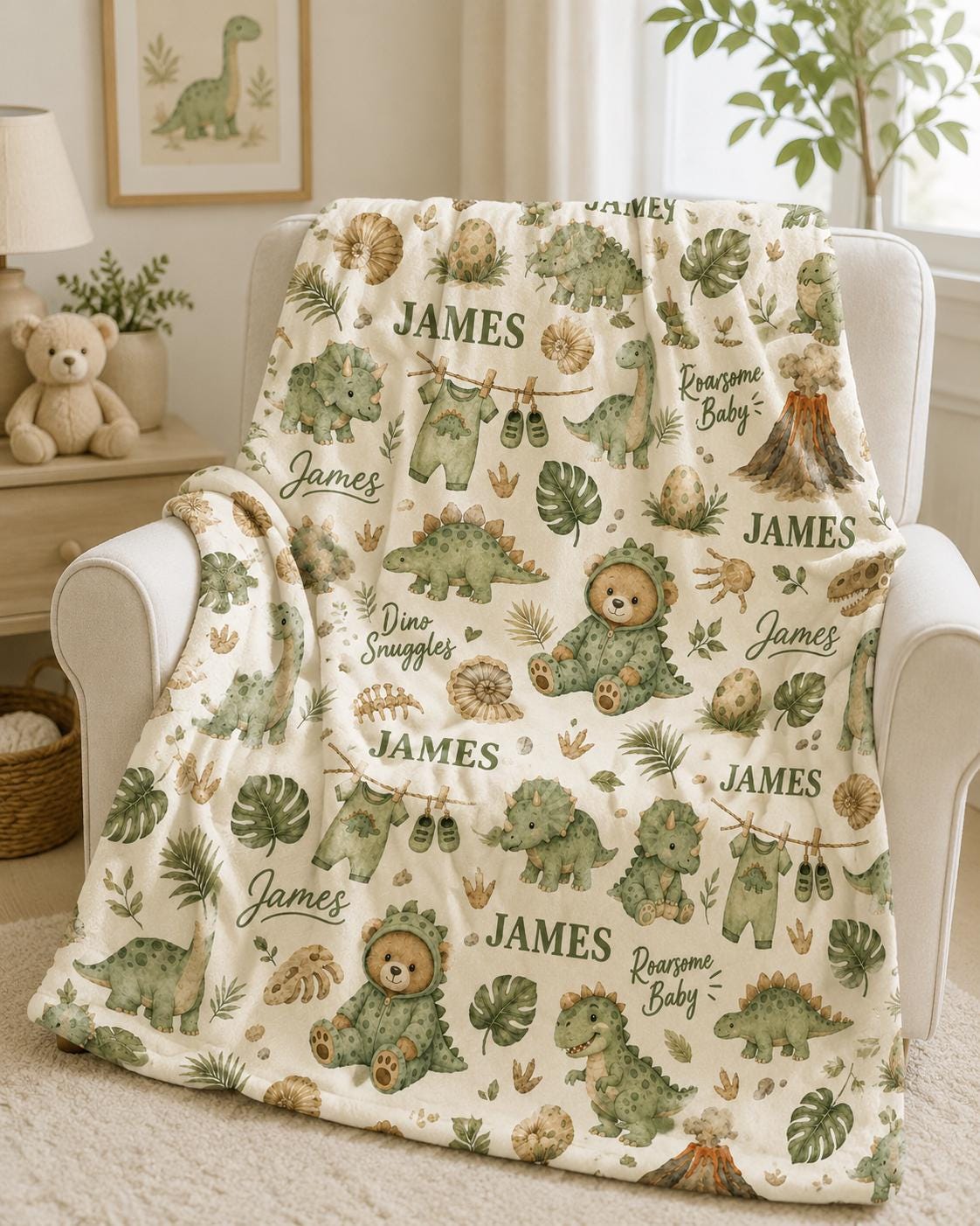 Personalized Dinosaur Baby Blanket, Roarsome Baby Blanket, Custom Baby Boy Name Blanket, Dinosaur Nursery Blanket, Teddy Bear