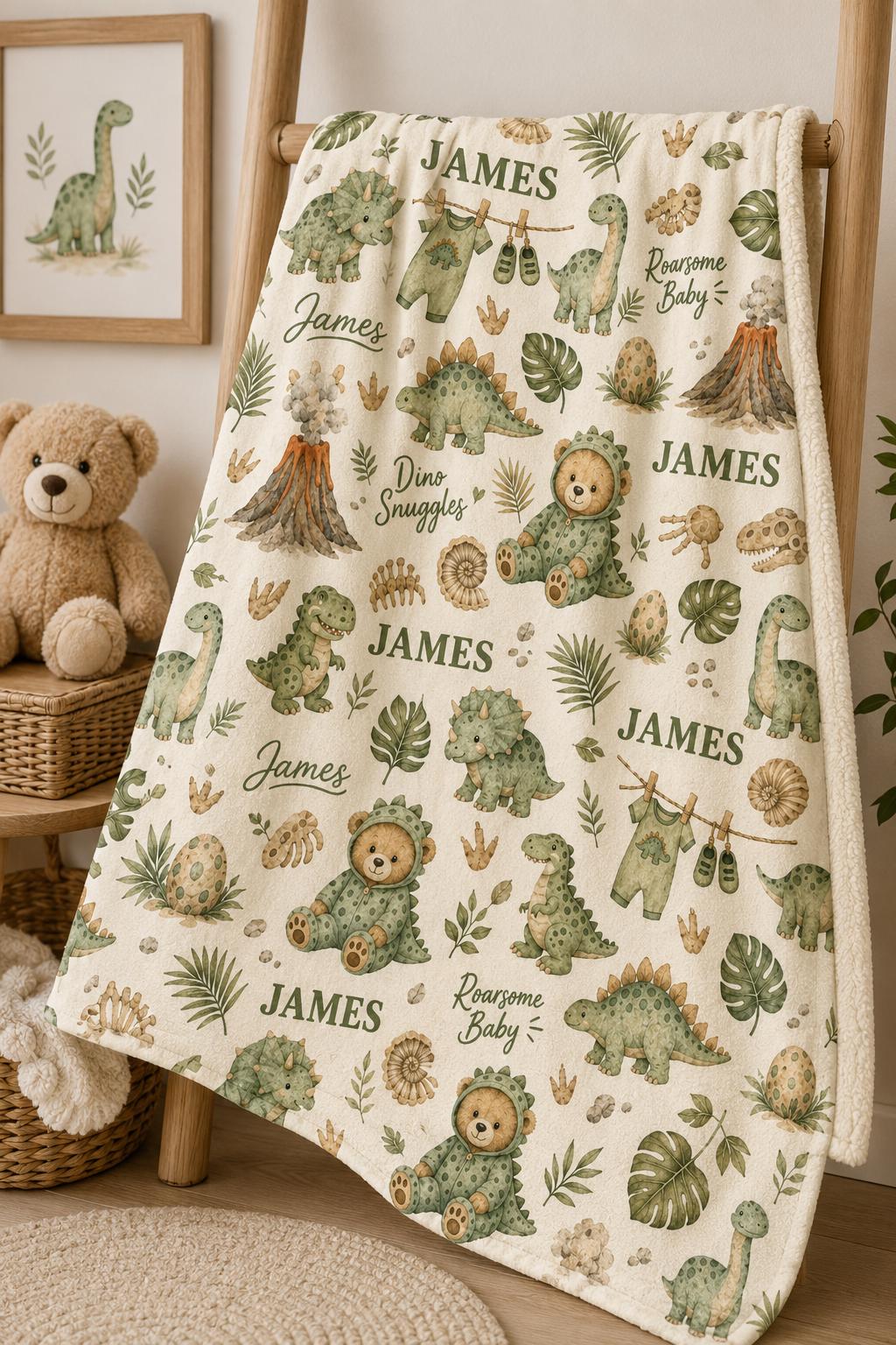 Personalized Dinosaur Baby Blanket, Roarsome Baby Blanket, Custom Baby Boy Name Blanket, Dinosaur Nursery Blanket, Teddy Bear