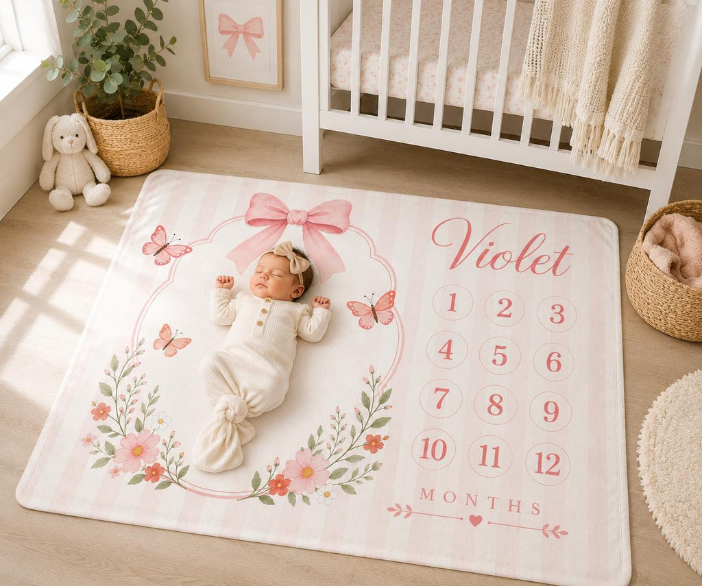 Personalized Baby Girl Milestone Blanket, Pink Bow Baby Shower Gift, Custom Monthly Milestone Blanket, Butterfly Floral Baby 