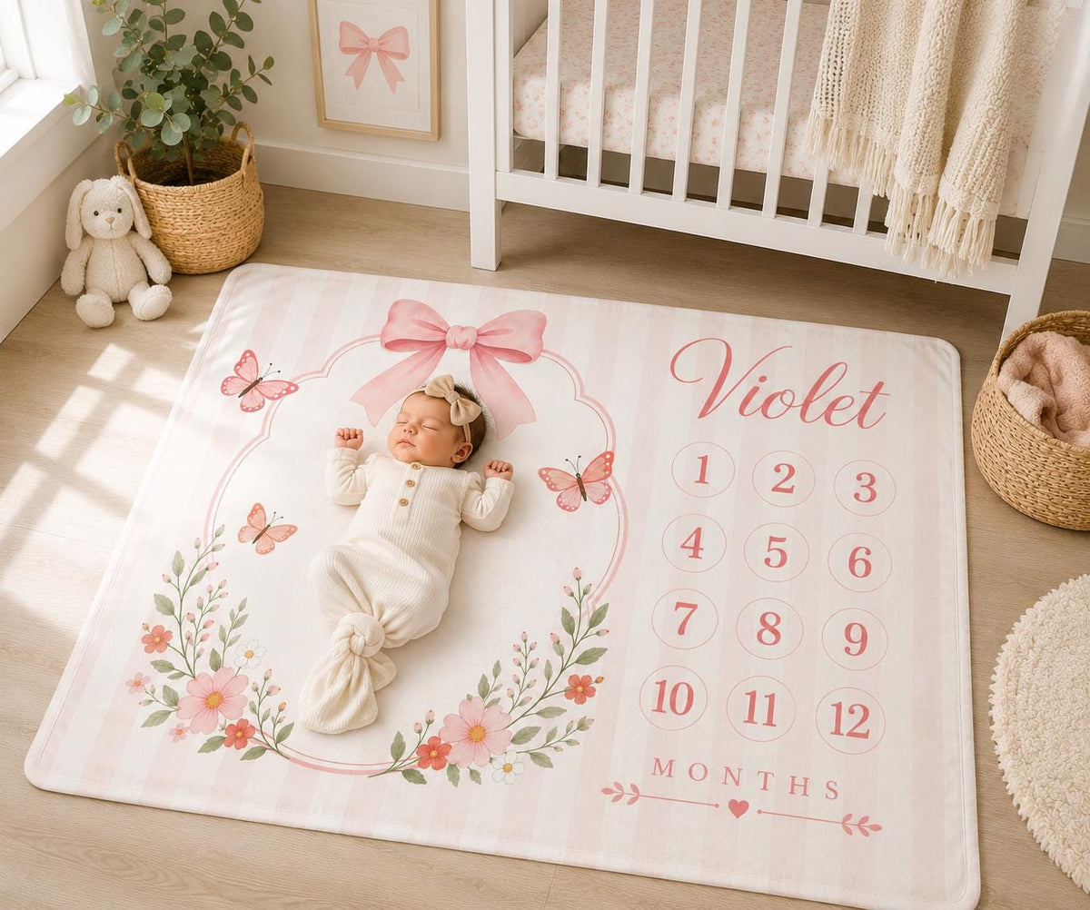 Personalized Baby Girl Milestone Blanket, Pink Bow Baby Shower Gift, Custom Monthly Milestone Blanket, Butterfly Floral Baby 