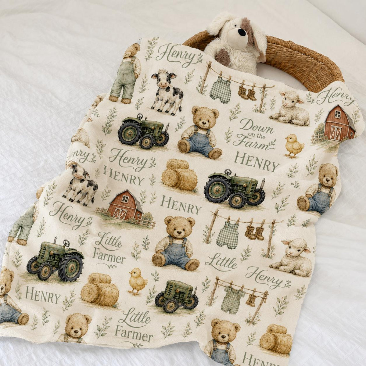Personalized Farm Baby Blanket, Custom Little Farmer Blanket, Farm Animal Baby Shower Gift, Tractor Teddy Bear Blanket, Perso