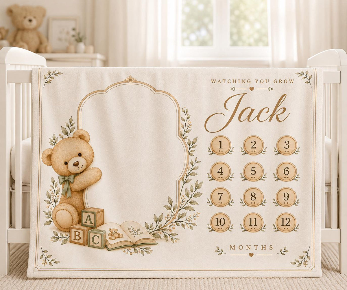 Personalized Teddy Bear Baby Milestone Blanket, Neutral Monthly Milestone Blanket, Custom Baby Name Blanket, Baby Boy First Y