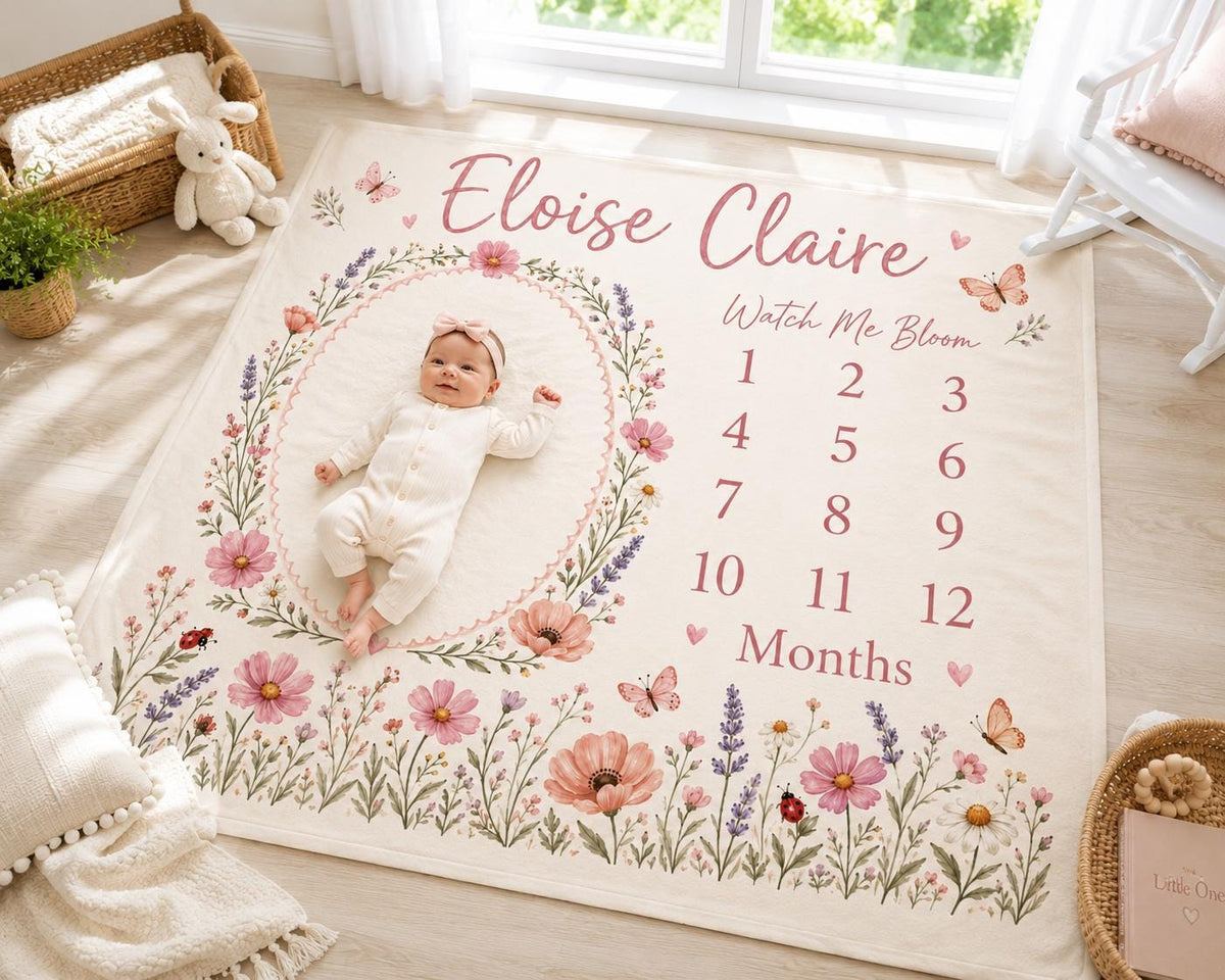 Personalized Floral Milestone Blanket, Custom Baby Girl Milestone Blanket, Wildflower Monthly Blanket, Baby Photo Blanket, Ba