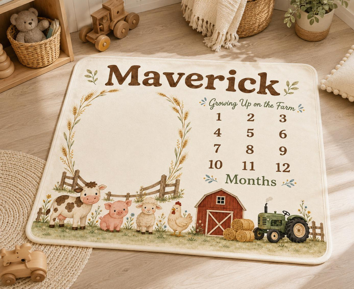 Personalized Farm Milestone Blanket, Custom Baby Boy Milestone Blanket, Farm Animal Monthly Blanket, Baby Photo Blanket, Baby
