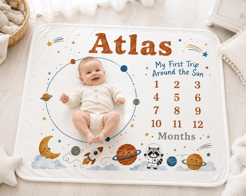 Personalized Space Milestone Blanket, My First Trip Around the Sun Blanket, Baby Milestone Blanket, Outer Space Baby Blanket,