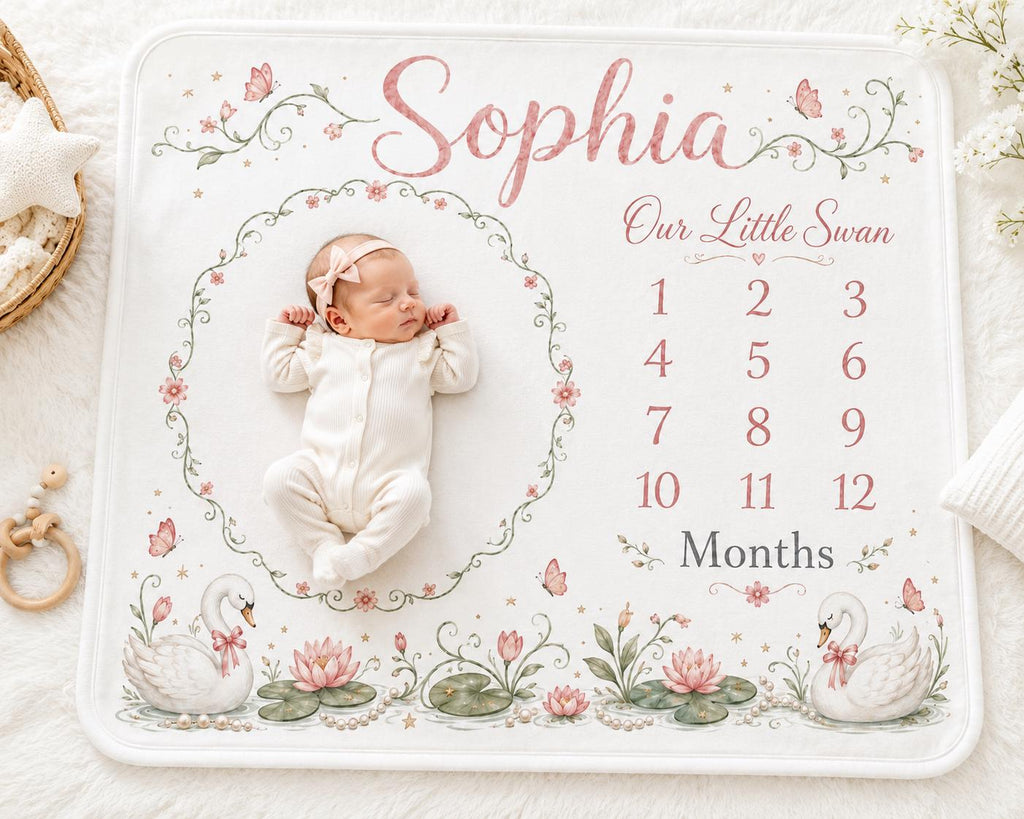 Personalized Swan Milestone Blanket, Baby Girl Monthly Milestone Blanket, Custom Baby Photo Blanket, Floral Swan Nursery Blan