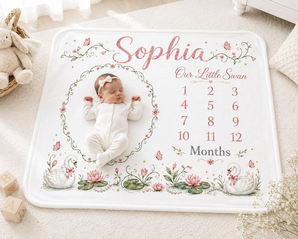 Personalized Swan Milestone Blanket, Baby Girl Monthly Milestone Blanket, Custom Baby Photo Blanket, Floral Swan Nursery Blan