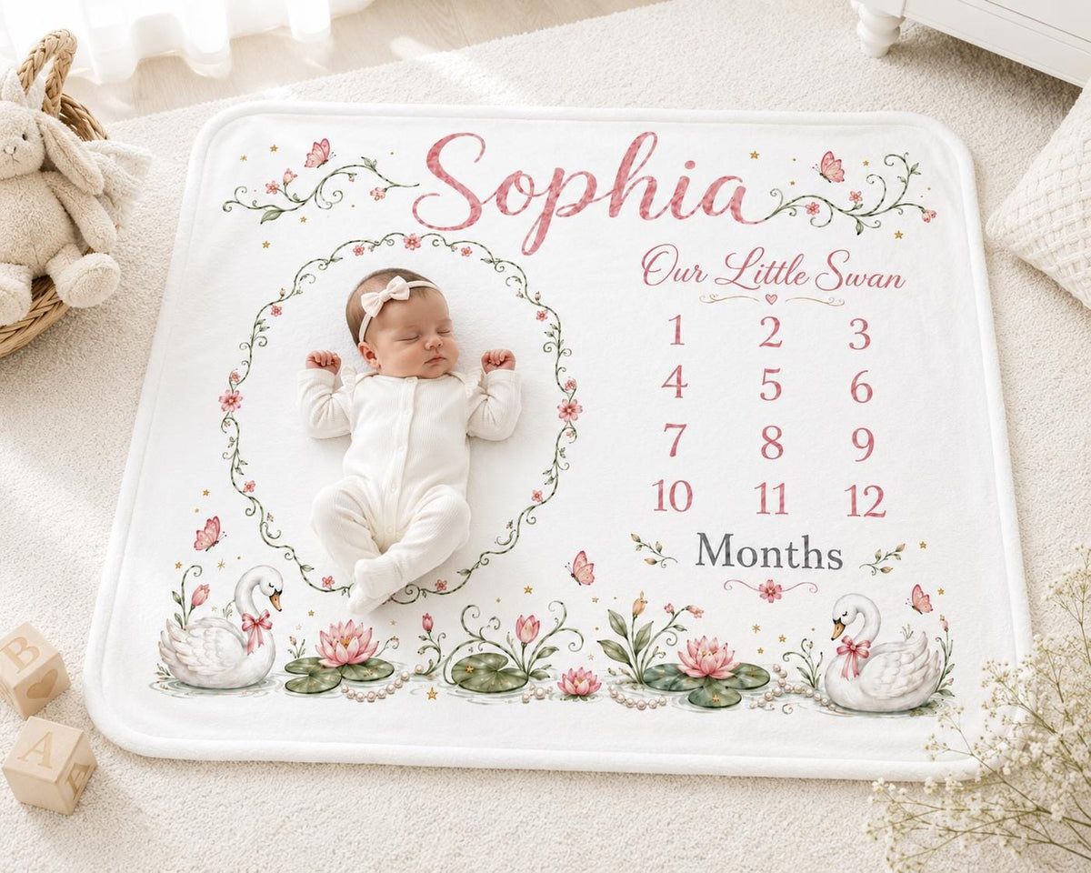 Personalized Swan Milestone Blanket, Baby Girl Monthly Milestone Blanket, Custom Baby Photo Blanket, Floral Swan Nursery Blan