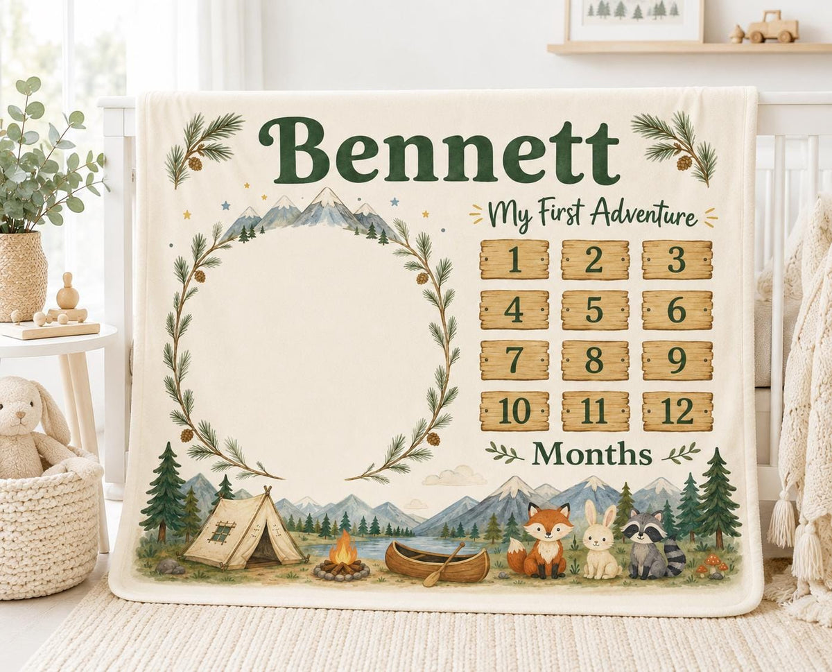 Personalized Camping Milestone Blanket, Woodland Baby Milestone Blanket, Adventure Baby Blanket, Custom Monthly Milestone Bla