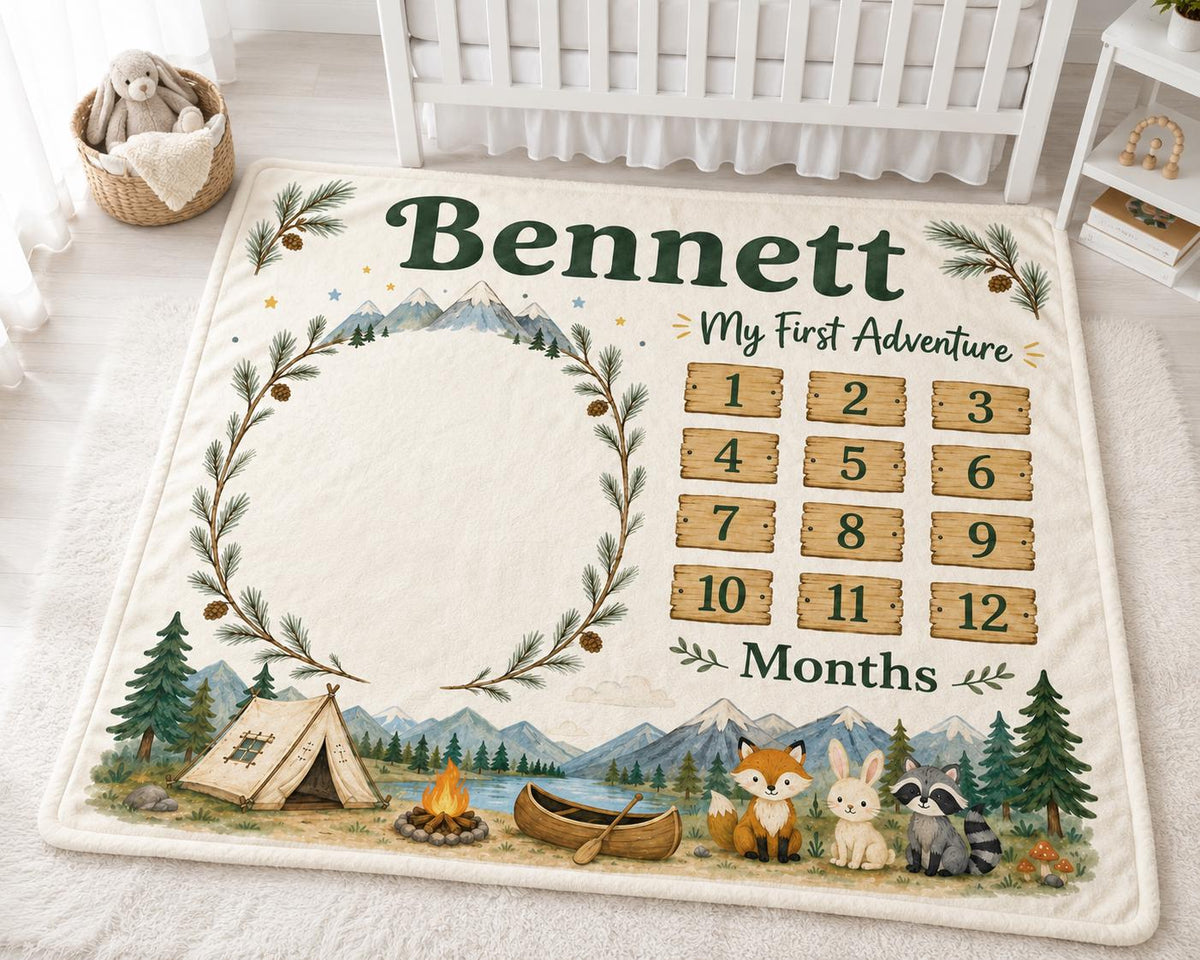 Personalized Camping Milestone Blanket, Woodland Baby Milestone Blanket, Adventure Baby Blanket, Custom Monthly Milestone Bla