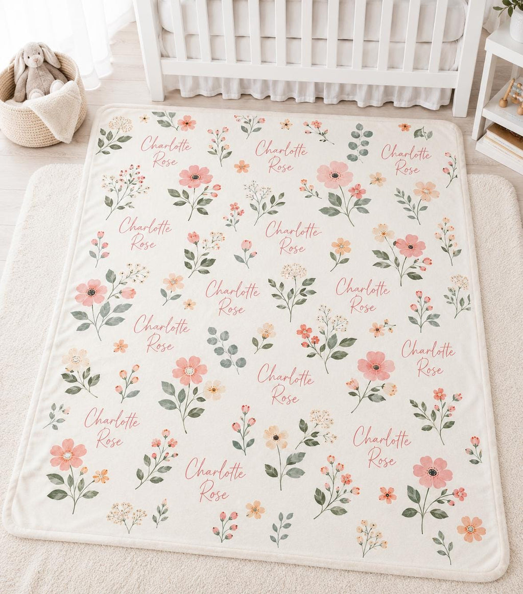 Personalized Floral Baby Blanket, Custom Name Baby Blanket Girl, Personalized Baby Girl Gift, Floral Nursery Blanket, Newborn