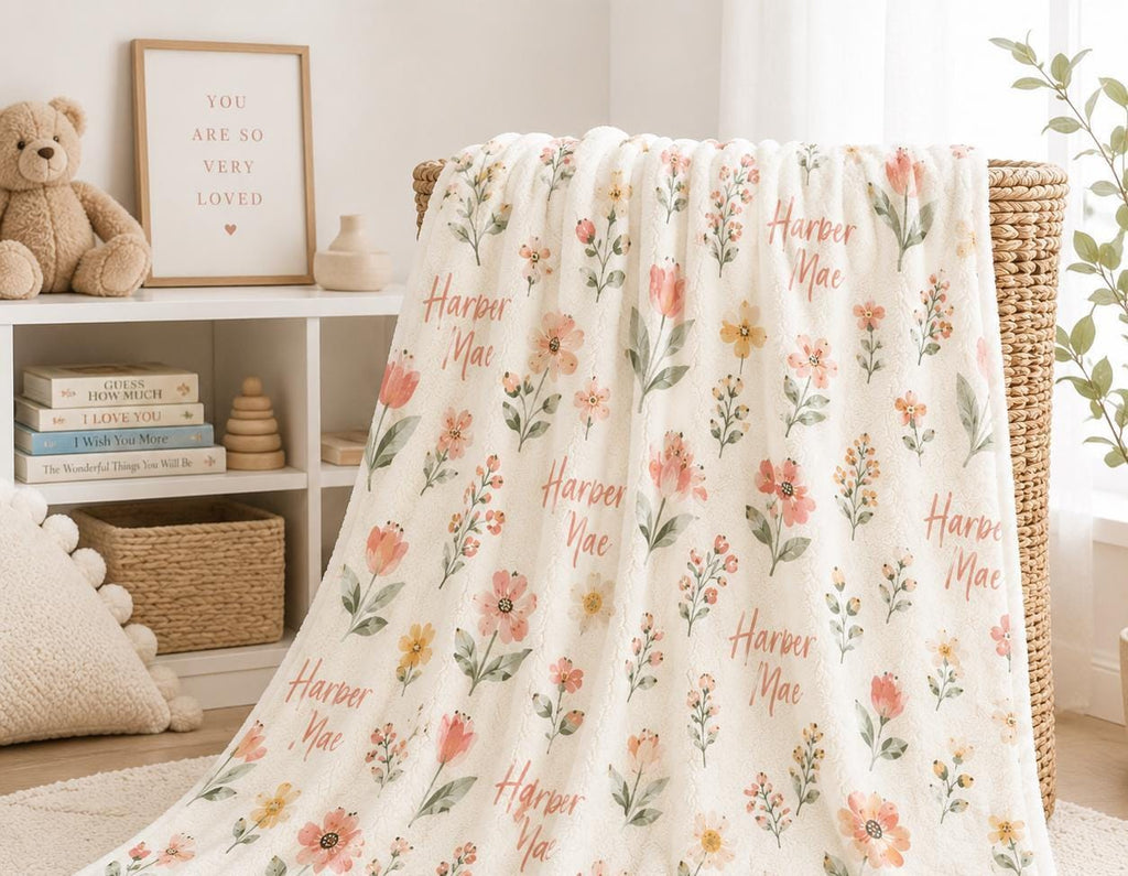 Personalized Floral Baby Blanket, Custom Name Baby Girl Blanket, Personalized Nursery Blanket, Baby Shower Gift, Newborn Name