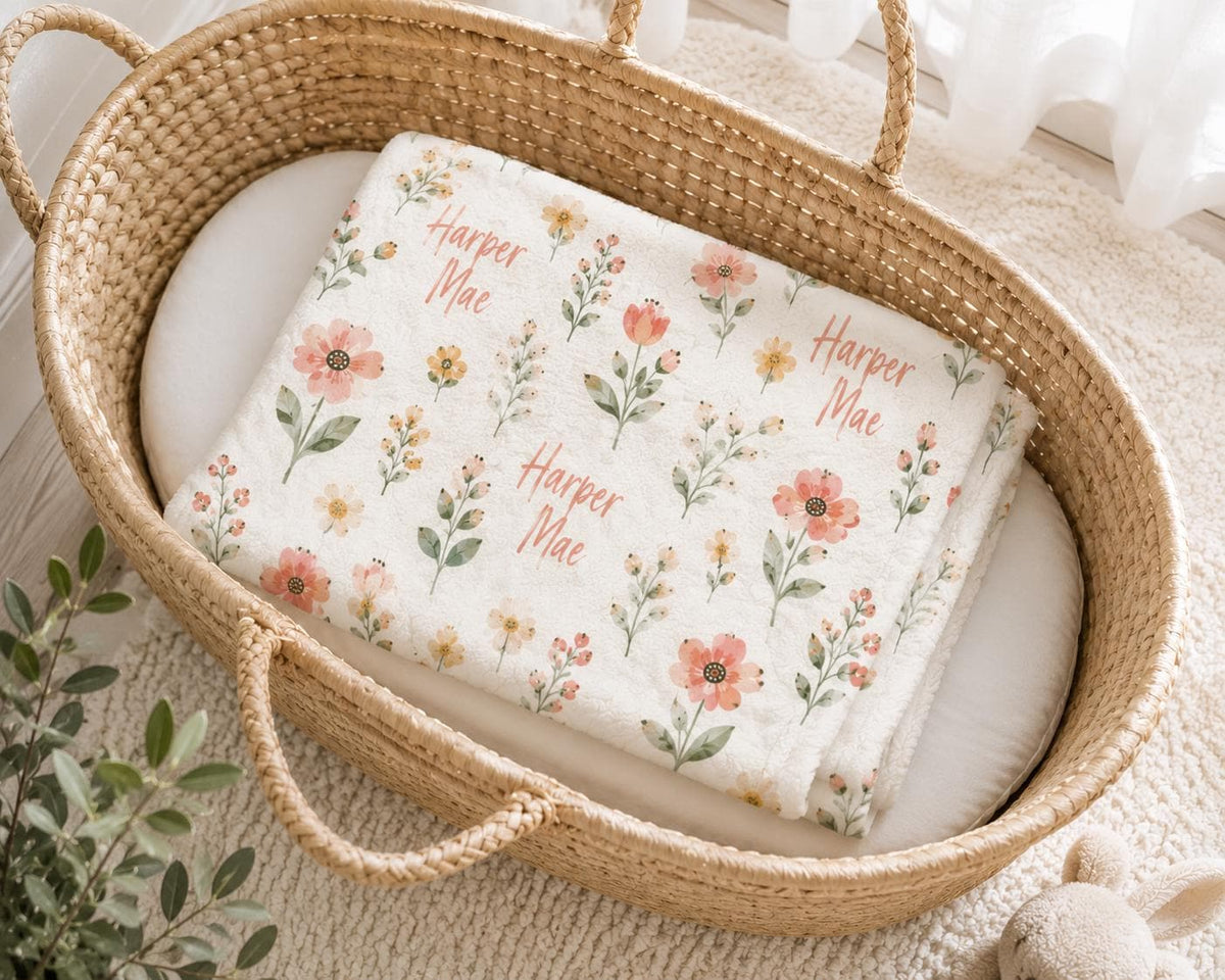 Personalized Floral Baby Blanket, Custom Name Baby Girl Blanket, Personalized Nursery Blanket, Baby Shower Gift, Newborn Name