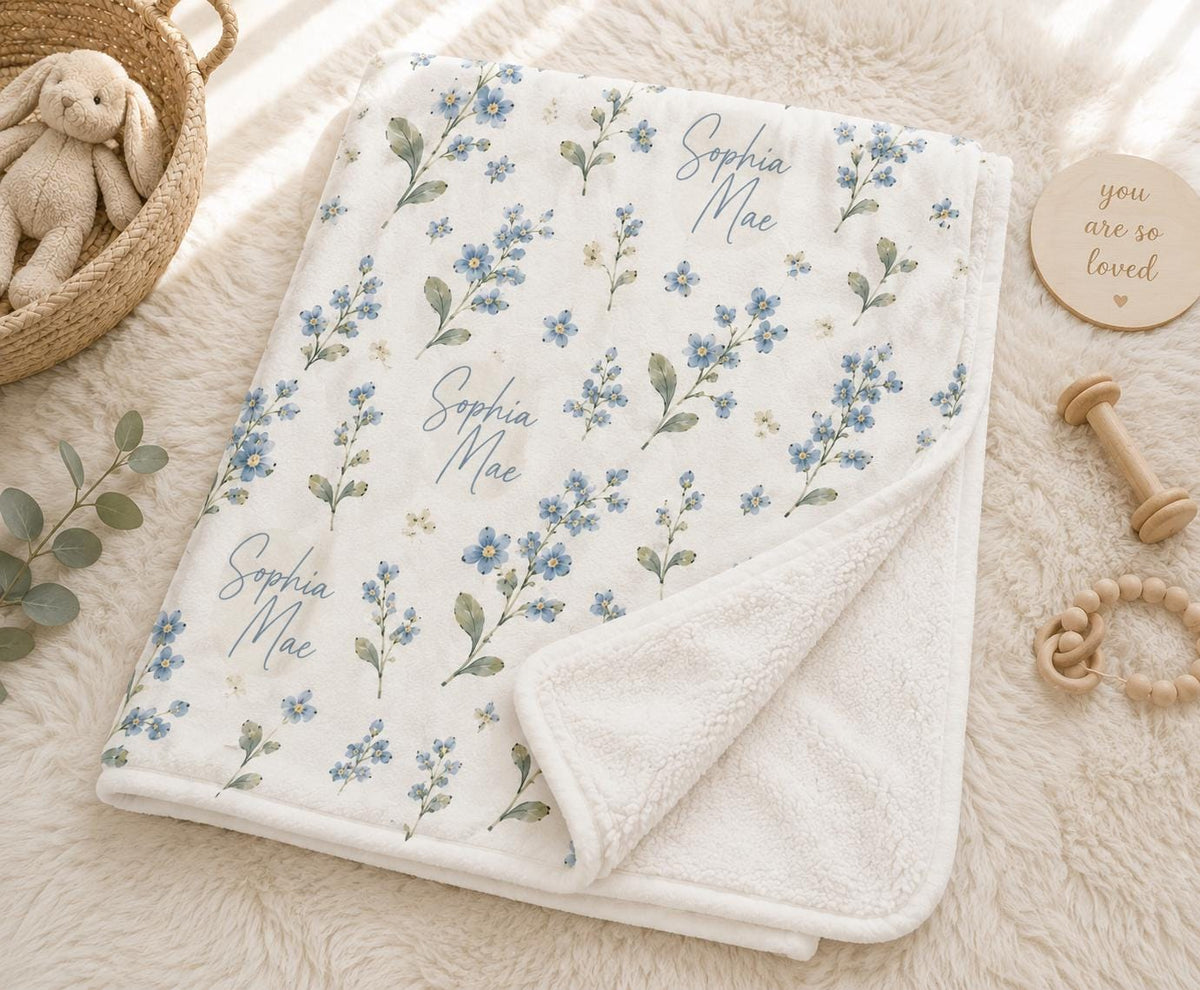 Personalized Forget Me Not Baby Blanket, Custom Name Baby Girl Blanket, Personalized Floral Blanket, Newborn Baby Gift, Nurse