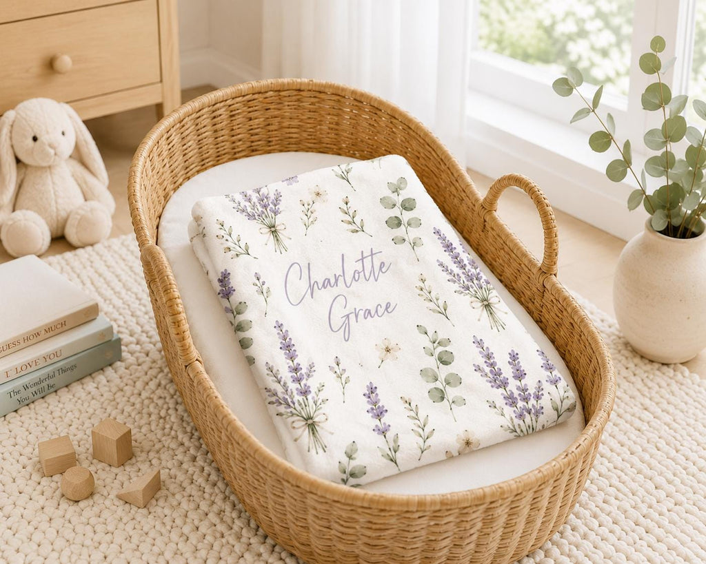 Personalized Lavender Baby Blanket, Custom Name Baby Girl Blanket, Floral Baby Blanket, Baby Shower Gift, Newborn Keepsake