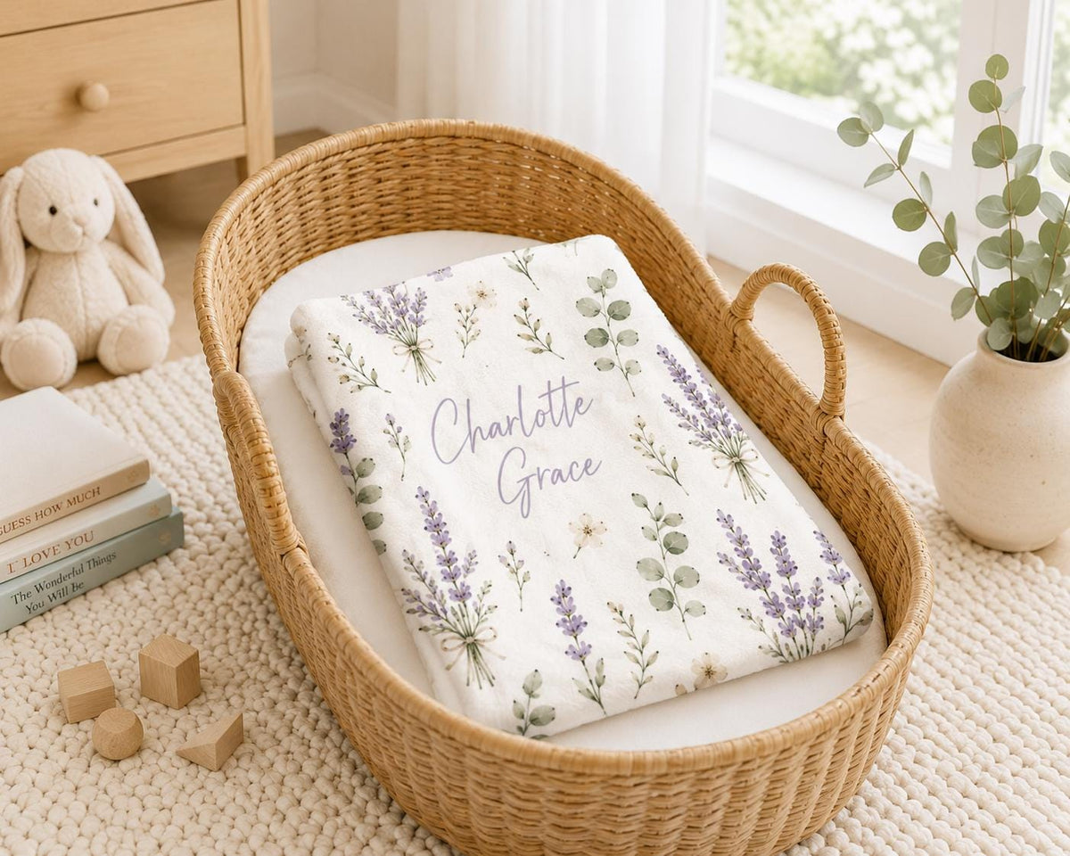 Personalized Lavender Baby Blanket, Custom Name Baby Girl Blanket, Floral Baby Blanket, Baby Shower Gift, Newborn Keepsake