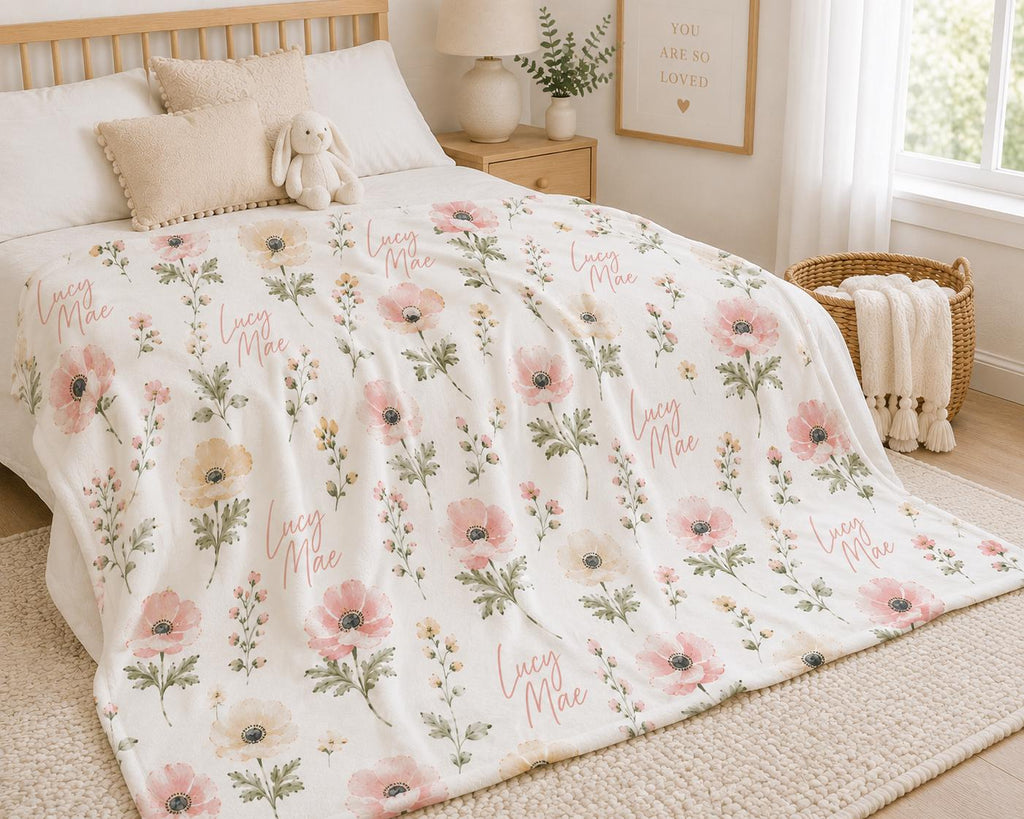 Personalized Wildflower Baby Blanket, Custom Name Baby Girl Blanket, Floral Nursery Blanket, Personalized Newborn Gift, Baby 