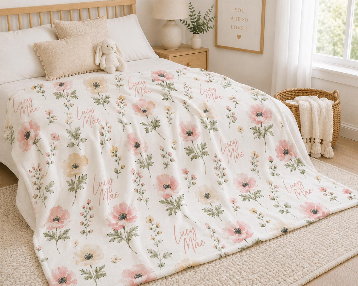 Personalized Wildflower Baby Blanket, Custom Name Baby Girl Blanket, Floral Nursery Blanket, Personalized Newborn Gift, Baby 