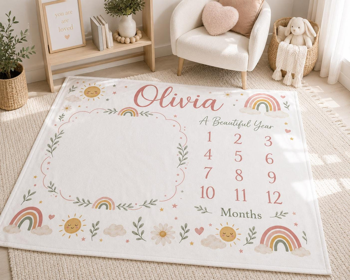 Personalized Rainbow Baby Milestone Blanket, Custom Name Monthly Milestone Blanket, Baby Girl Milestone Blanket, Rainbow Nurs