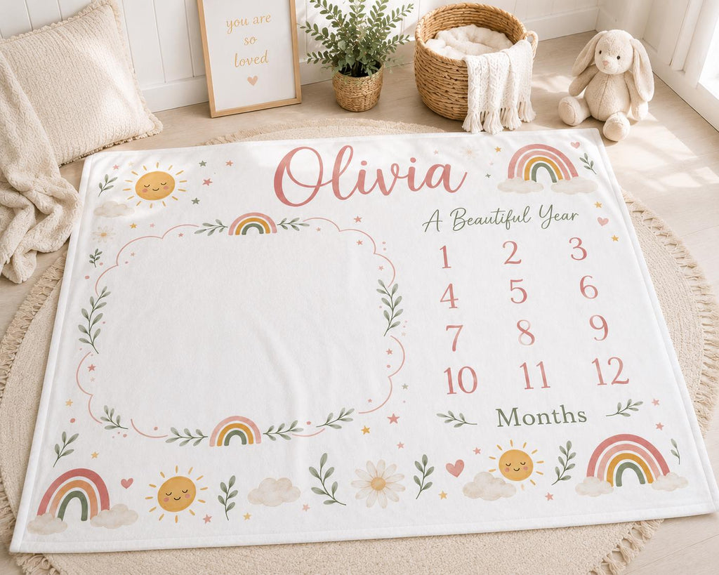 Personalized Rainbow Baby Milestone Blanket, Custom Name Monthly Milestone Blanket, Baby Girl Milestone Blanket, Rainbow Nurs