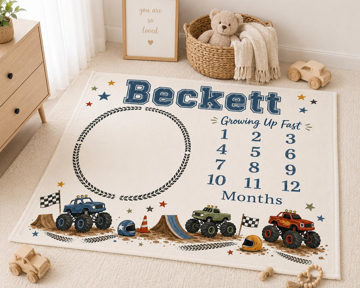 Personalized Monster Truck Baby Milestone Blanket, Custom Monster Truck Monthly Blanket, Growing Up Fast Baby Shower Gift, Tr