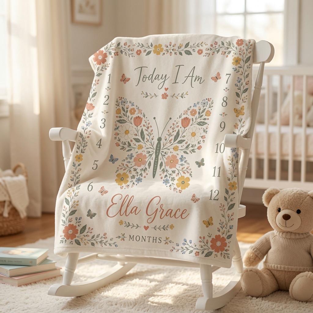 Personalized Butterfly Baby Milestone Blanket, Custom Name Baby Blanket Girl, Floral Milestone Blanket, Monthly Baby Blanket,