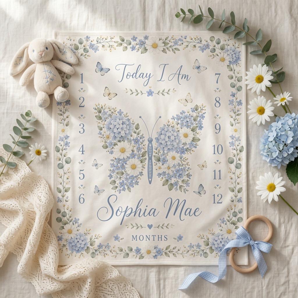 Personalized Baby Milestone Blanket, Blue Hydrangea Milestone Blanket, Custom Name Baby Blanket, Monthly Milestone Blanket, B