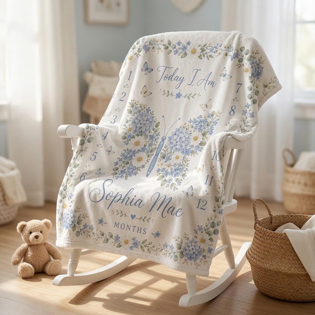 Personalized Baby Milestone Blanket, Blue Hydrangea Milestone Blanket, Custom Name Baby Blanket, Monthly Milestone Blanket, B