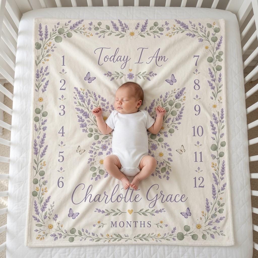 Personalized Lavender Baby Milestone Blanket, Custom Name Monthly Milestone Blanket, Floral Butterfly Baby Blanket, Baby Girl