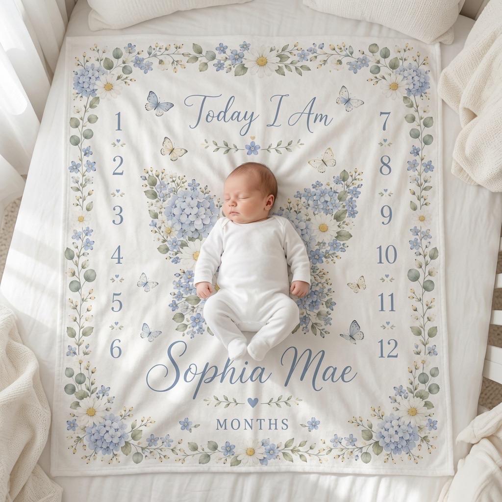 Personalized Baby Milestone Blanket, Blue Hydrangea Milestone Blanket, Custom Name Baby Blanket, Monthly Milestone Blanket, B