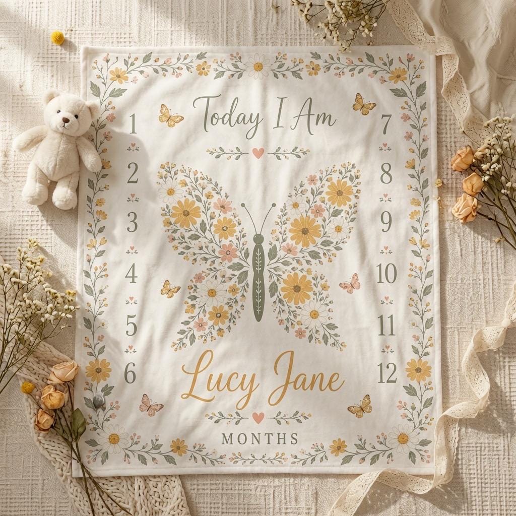 Personalized Butterfly Baby Milestone Blanket, Custom Name Monthly Milestone Blanket, Daisy Floral Baby Blanket, Baby Girl Mi