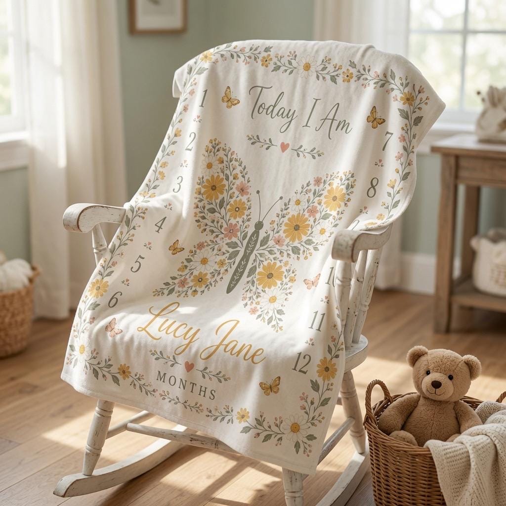 Personalized Butterfly Baby Milestone Blanket, Custom Name Monthly Milestone Blanket, Daisy Floral Baby Blanket, Baby Girl Mi