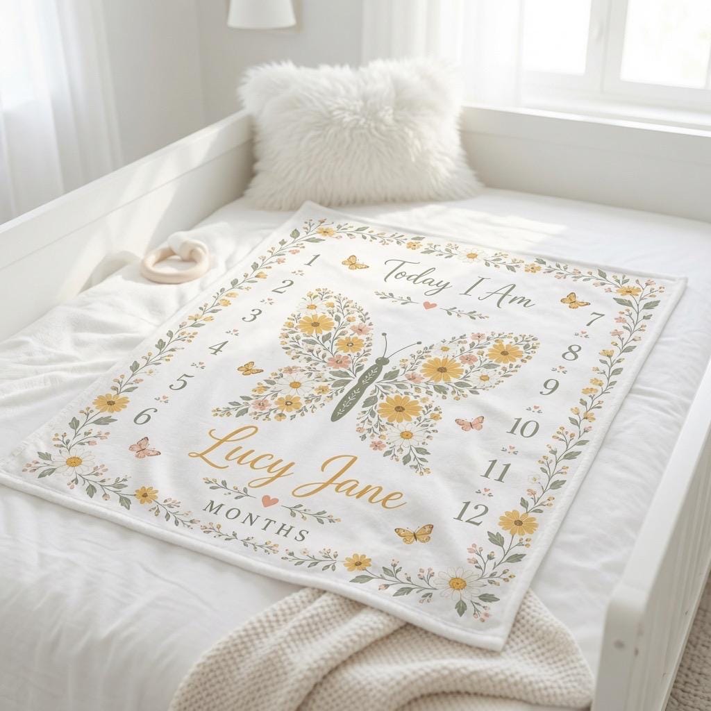 Personalized Butterfly Baby Milestone Blanket, Custom Name Monthly Milestone Blanket, Daisy Floral Baby Blanket, Baby Girl Mi