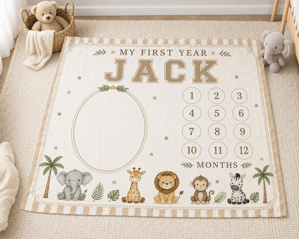 Personalized Safari Milestone Blanket, Baby Monthly Milestone Blanket, First Year Baby Blanket, Jungle Animal Baby Gift, Cust