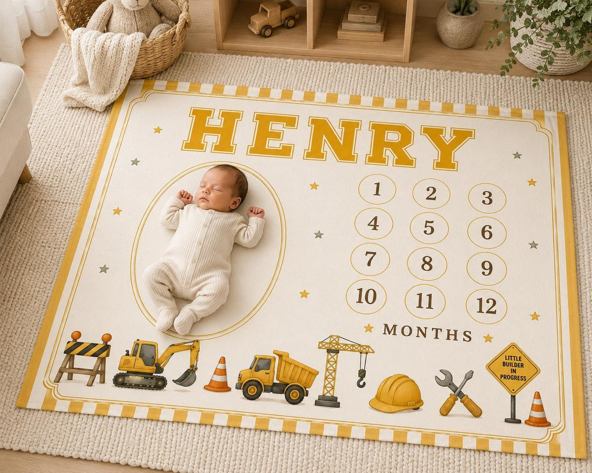 Personalized Construction Milestone Blanket, Baby Monthly Milestone Blanket, Little Builder First Year Blanket, Construction 