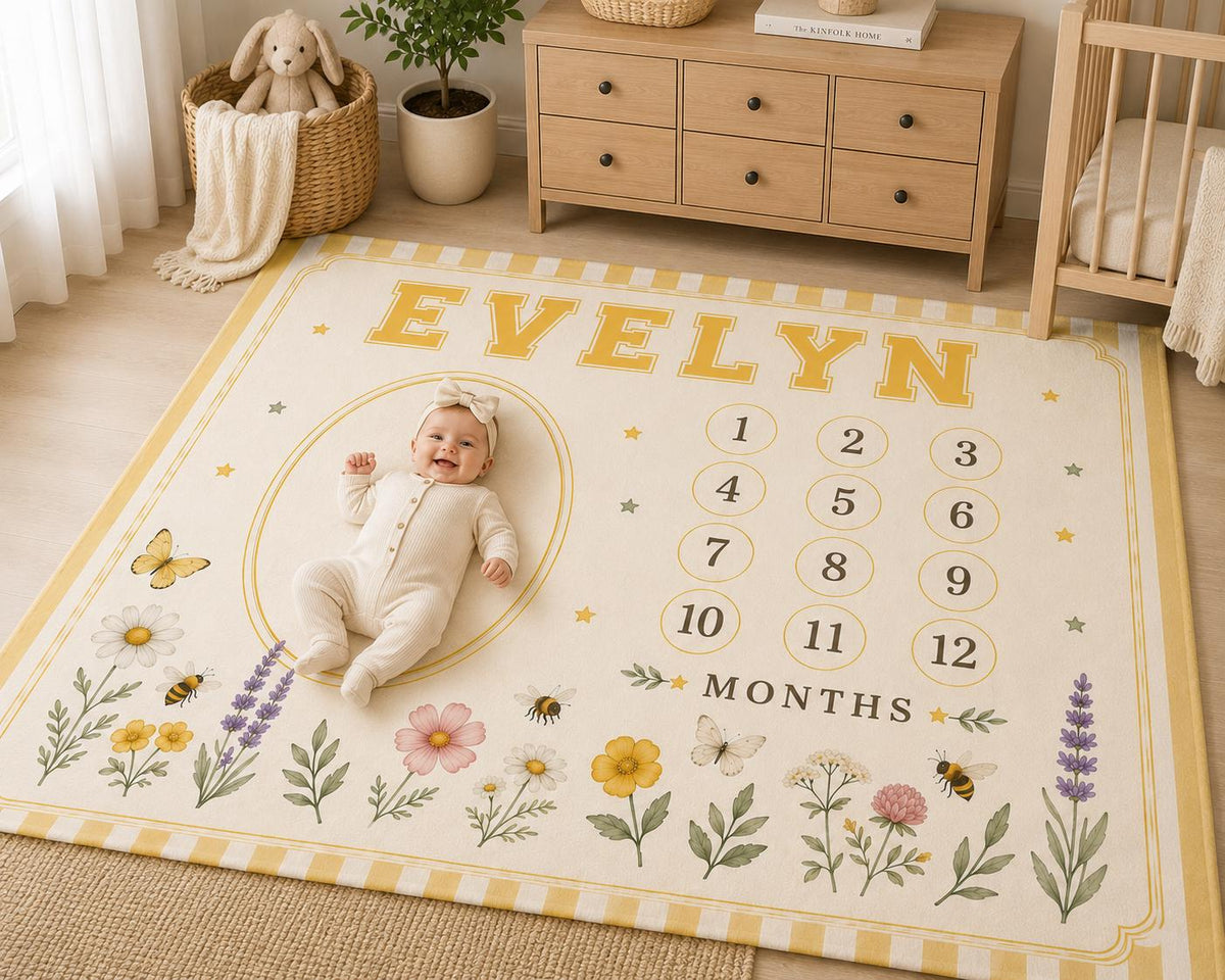 Personalized Wildflower Milestone Blanket, Baby Monthly Milestone Blanket, First Year Baby Blanket, Floral Baby Girl Gift, Cu