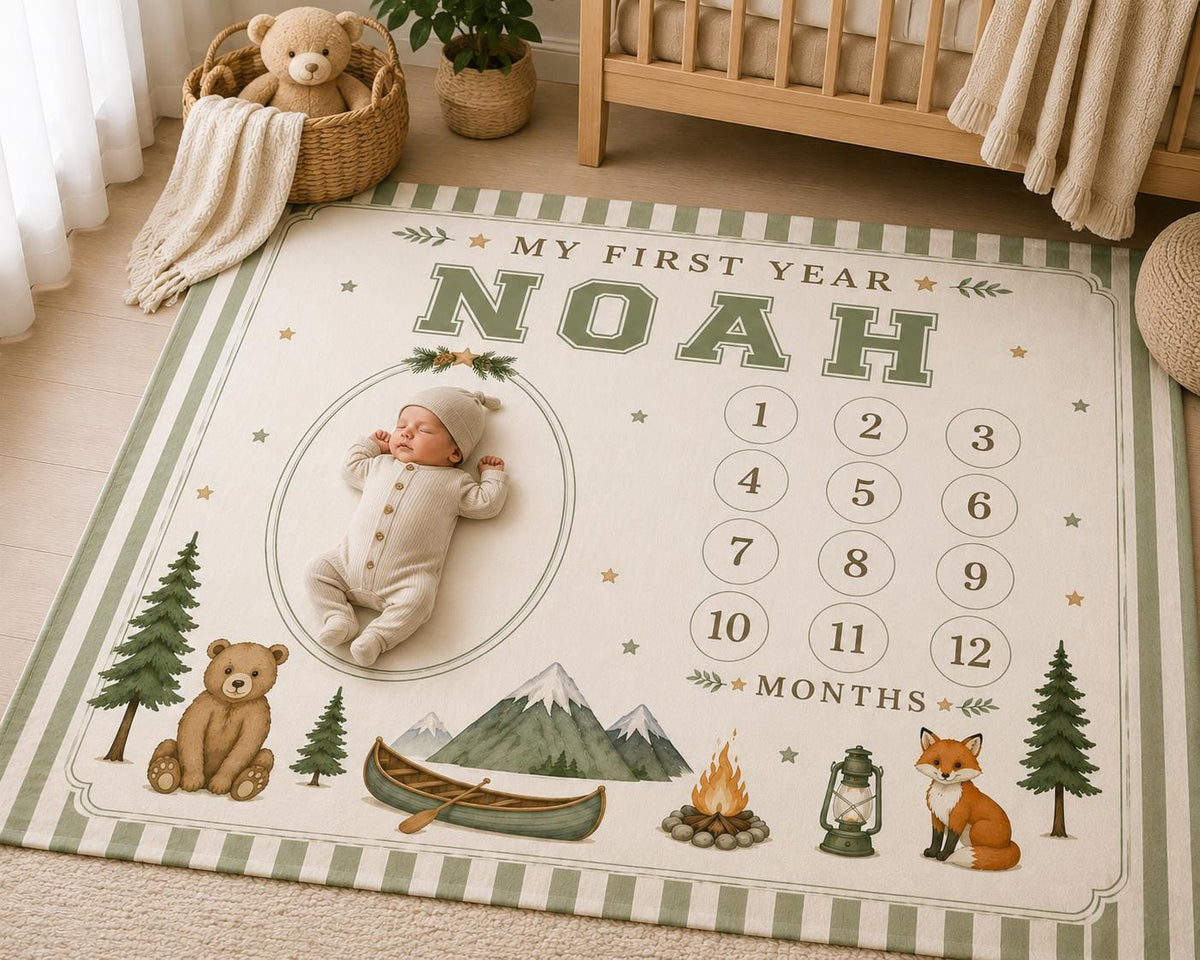Personalized Woodland Milestone Blanket, Baby Monthly Milestone Blanket, Camping First Year Blanket, Woodland Nursery Gift, C