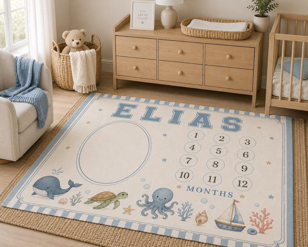 Personalized Ocean Milestone Blanket, Baby Monthly Milestone Blanket, Under the Sea First Year Blanket, Nautical Baby Gift, C