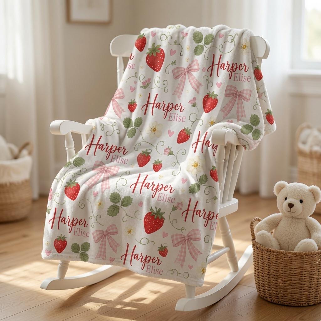 Personalized Strawberry Baby Blanket, Custom Name Baby Girl Blanket, Strawberry Nursery Blanket, Pink Gingham Bow Blanket, Ba