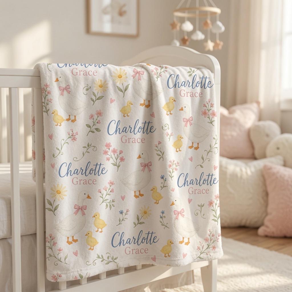 Personalized Goose Baby Blanket, Custom Name Baby Girl Blanket, Goose Nursery Blanket, Cottagecore Baby Blanket, Baby Shower 