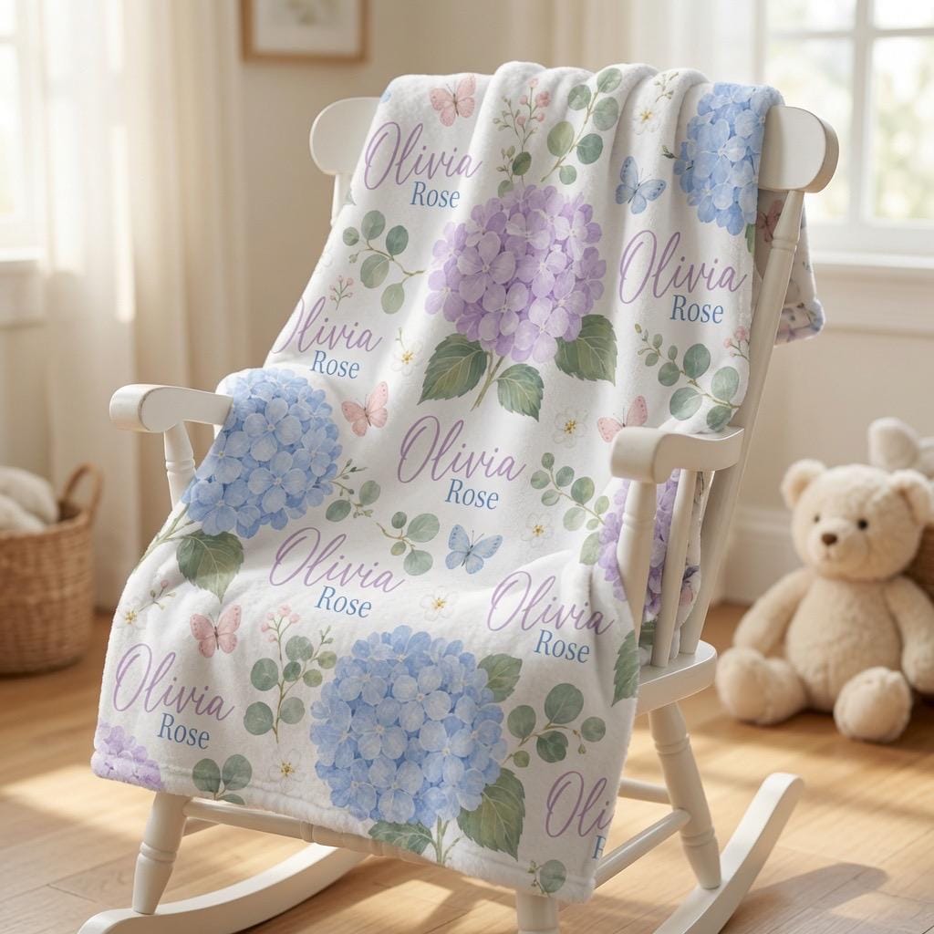 Personalized Hydrangea Baby Blanket, Custom Name Baby Girl Blanket, Floral Nursery Blanket, Personalized Hydrangea Blanket, B