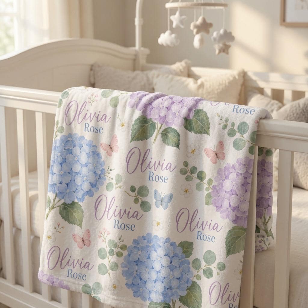 Personalized Hydrangea Baby Blanket, Custom Name Baby Girl Blanket, Floral Nursery Blanket, Personalized Hydrangea Blanket, B