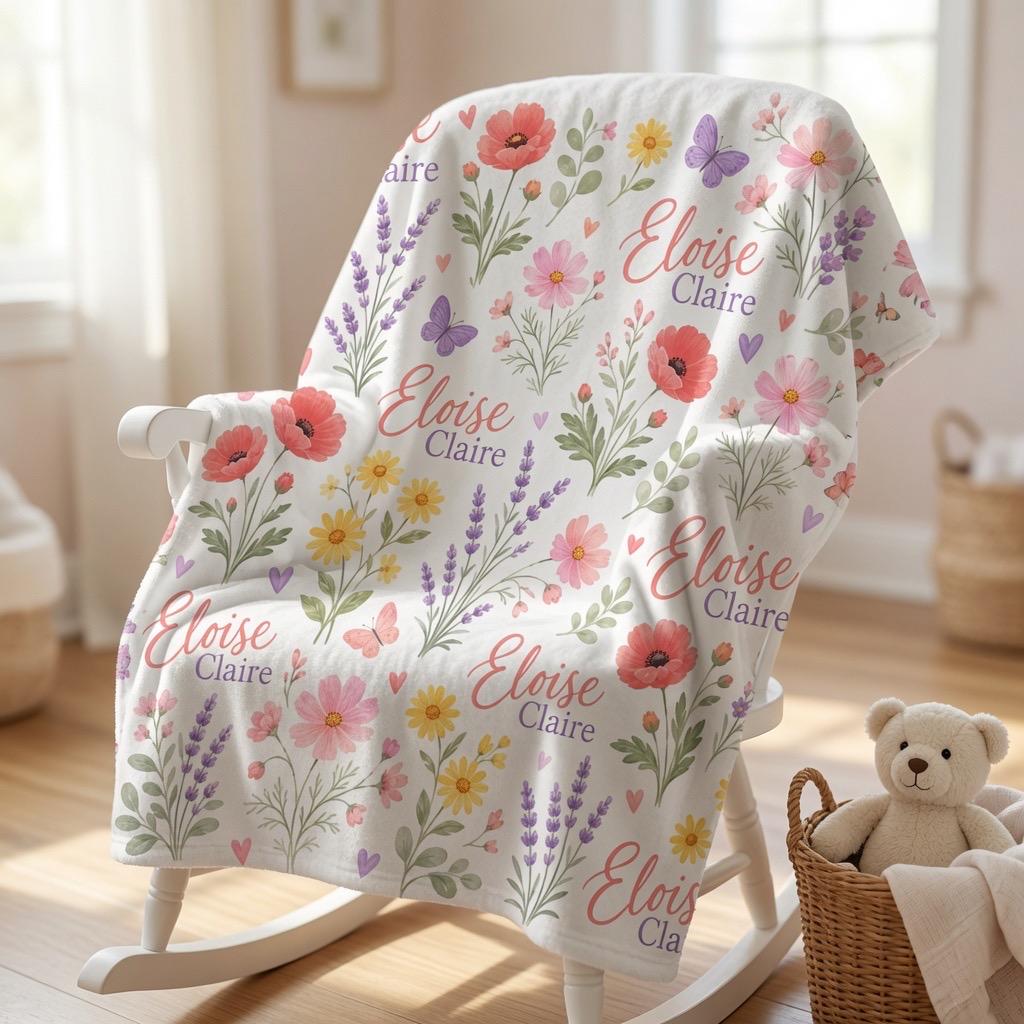 Personalized Wildflower Baby Blanket, Custom Name Floral Baby Blanket, Baby Girl Name Blanket, Personalized Nursery Blanket, 
