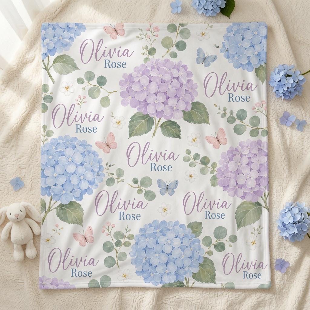 Personalized Hydrangea Baby Blanket, Custom Name Baby Girl Blanket, Floral Nursery Blanket, Personalized Hydrangea Blanket, B