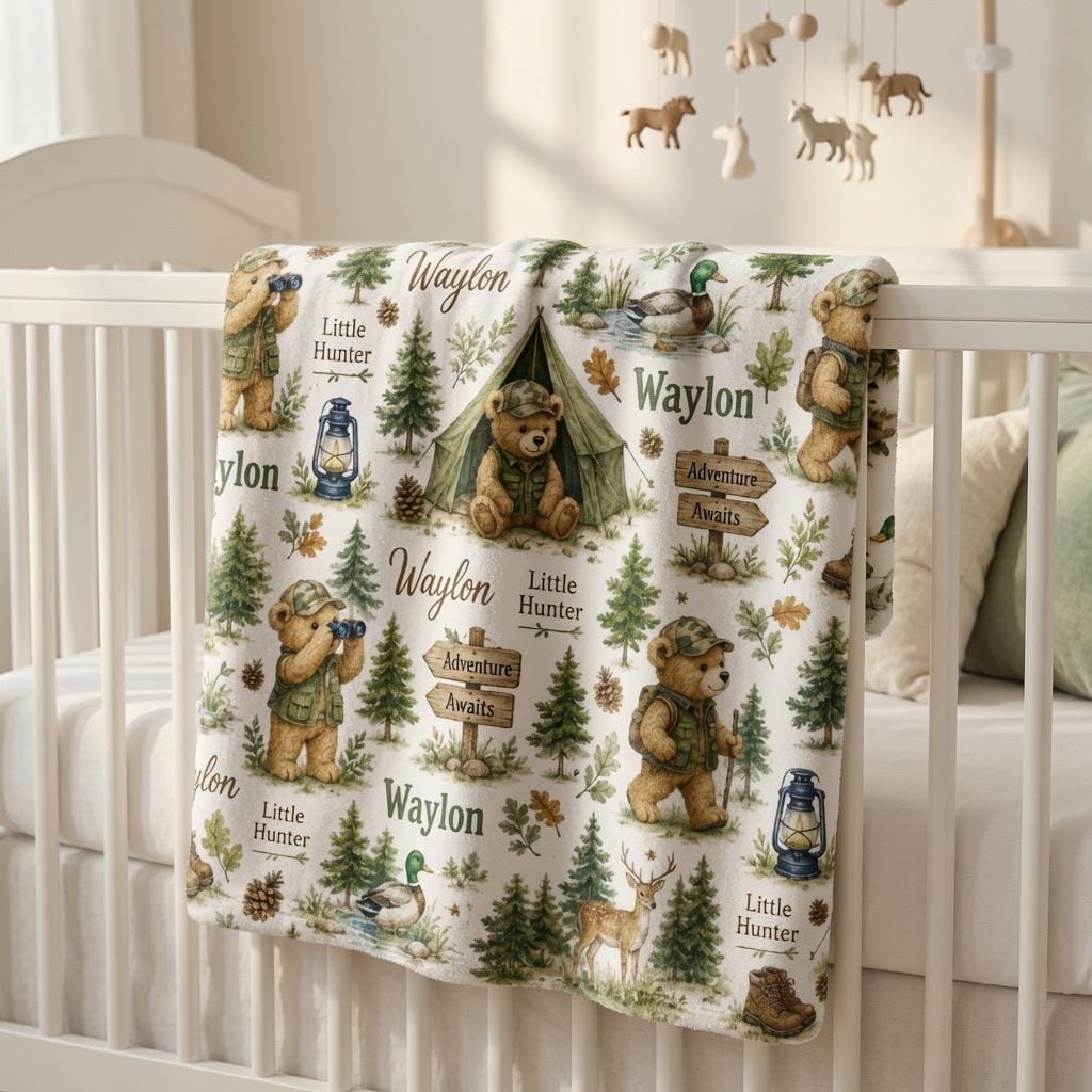 Personalized Little Hunter Baby Blanket, Custom Woodland Bear Blanket, Hunting Nursery Blanket, Personalized Baby Boy Blanket