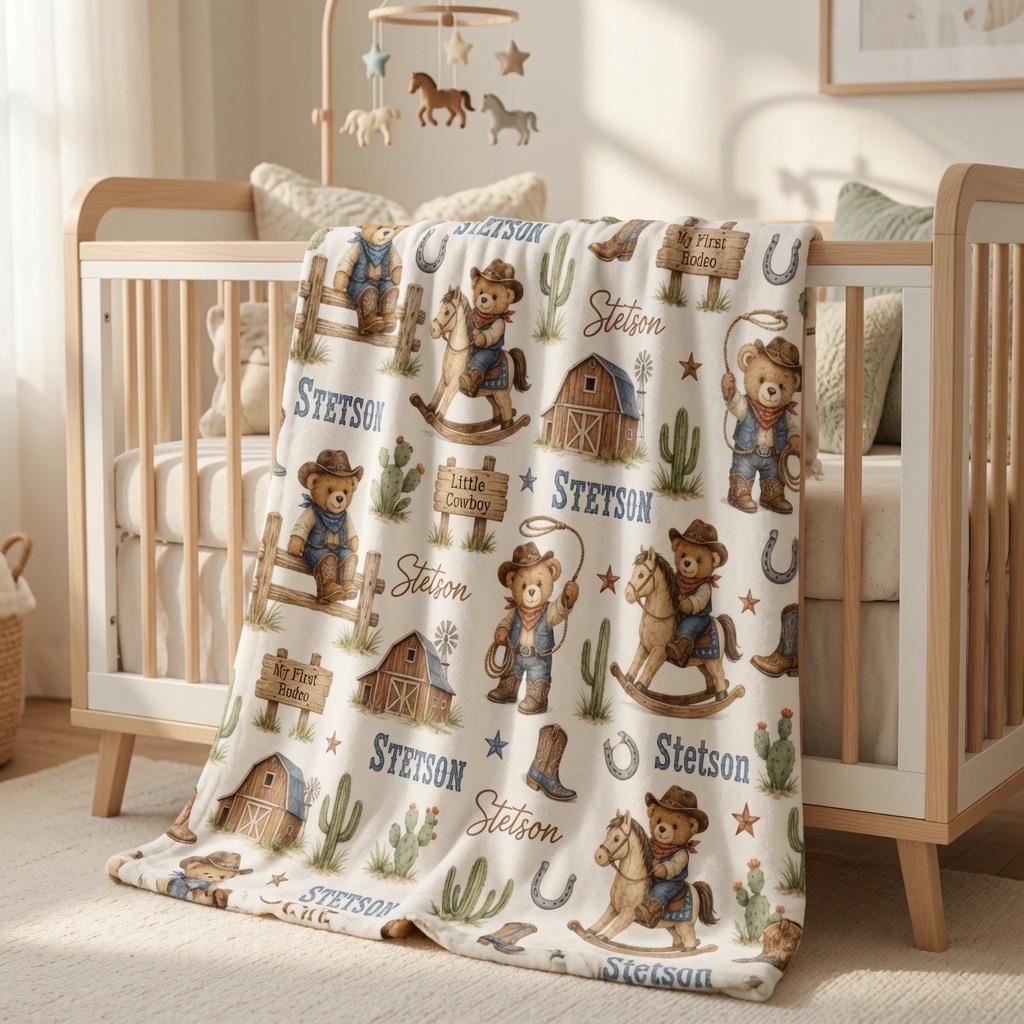 Personalized Cowboy Baby Blanket, Custom Western Baby Blanket, Little Cowboy Nursery Blanket, Rodeo Baby Boy Blanket, Western