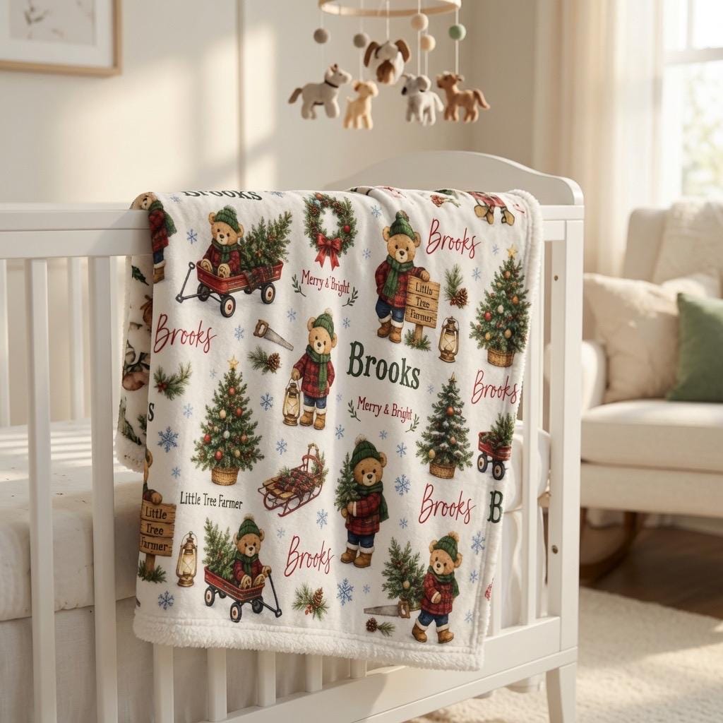 Personalized Christmas Baby Blanket, Custom Teddy Bear Christmas Blanket, Santa’s Little Helper Blanket, Baby First Christmas